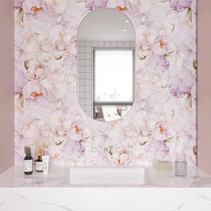 VEELIKE Lavender Floral Wallpaper Peel and Stick Large Peonies Wall Mural for Girls Room Nursery Prepasted 17.7'x354' Removable Pink Wallpaper for Bedroom Bathroom