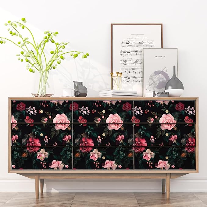 Fvlow Pink Rose Floral Peel and Stick Wallpaper 17.4" x 394" | Renter Friendly, Removable & Waterproof, Vinyl Easy Install for Bedrooms, Bathrooms, Kitchens, Cabinets and Home Decor