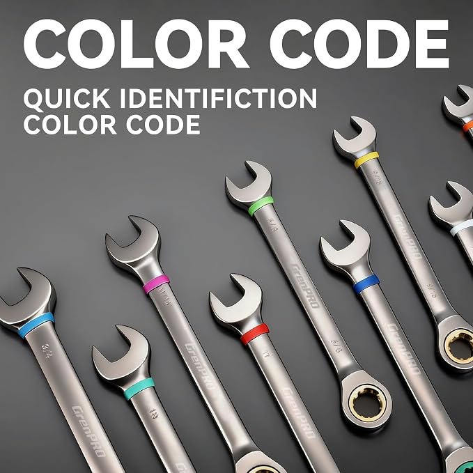 GRENPRO 23PCS Ratcheting Wrench Set SAE Metric Combination Mechanic Tools | 1/4"-3/4"&6-18MM Bolt Gauge, Gray Nickel CR-V 72-Tooth 5-Degree Swing 12Pt Color Rings, Roll Pouch for Auto & Home Repair