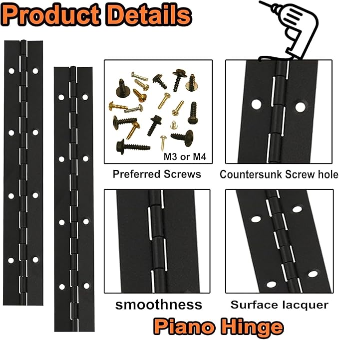 4Pcs 12'' Black Continuous & Piano Hinges, Heavy Duty Stainless Steel 304 Continuous Hinge with Hole for Mailbox, Wood Furniture Tool/Storage Boxes, Cabinets Door, Piano