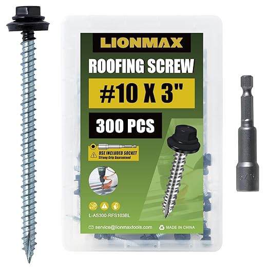 LIONMAX Metal Roofing Screws #10 × 3 Inch, 300-PCS, Black Painted Hex Head Sheet Metal Roof Screws, Rubber Washer, Sharp Point, Metal to Wood Siding Screw, Hex Socket Included