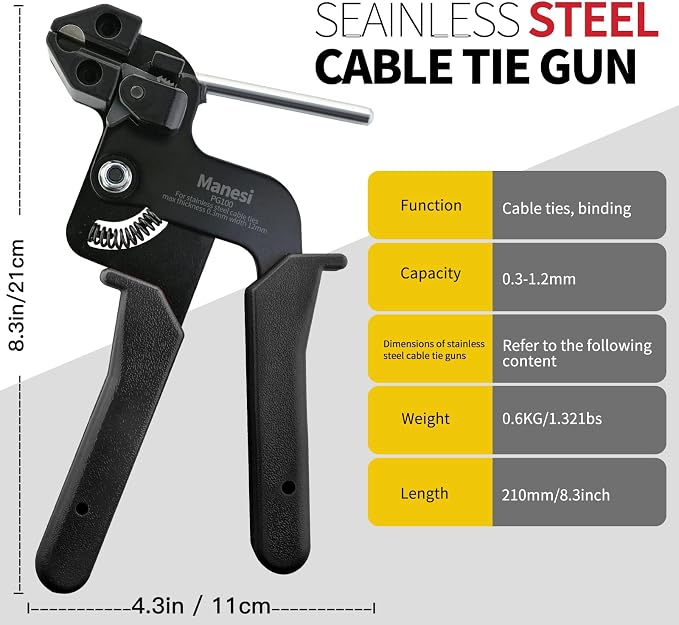 106PCS Heavy Duty 304 Stainless Steel Cable Tie Gun Kit, Includes 100PCS 11.8 Inch Metal Zip Ties, Self-Locking, UV & Corrosion Resistant, for Fence, Exhaust Pipe, Chicken Coop, Farm Use