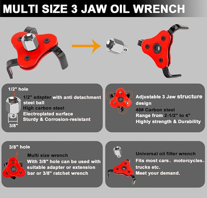 Oil Filter Wrench Set, Oil Filter Pliers with Small Funnel, 10 Pcs | Universal Oil Filter Removal Tool, 9" & 12" Oil Filter Pliers, Adjustable 3-Jaw Oil Filter Wrench, Small Snap-On Oil Funnel