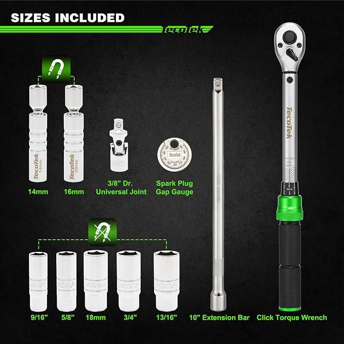 TecoTek 11Pcs 3/8" Drive Spark Plug Socket Set with Click Torque Wrench, Spark Plug Gapper, Universal Joint, Extension Bar, 9/16", 5/8", 3/4", 13/16", 14, 16 and 18mm, CR-V Sockets with Rubber Rings
