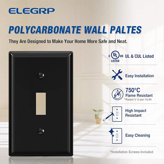 ELEGRP Toggle Light Switch Wall Plate, 1-Gang Standard Size Switch Covers, Unbreakable Polycarbonate Replacement Faceplates Covers, UL Listed, Color-matched Screws Included (10 Pack, Glossy Black)