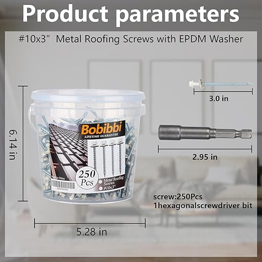 Metal Roofing Screws 10 x 3 inch, Brite White Hex Head Sheet Metal Roof Screw with EPDM Washer for Corrugated Roofing (250Pcs)
