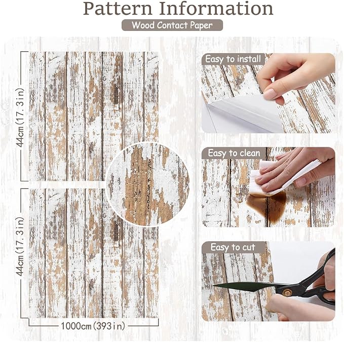 White and Brown Wood Wallpaper Vintage 17.3"x393" Distressed Light Wood Contact Paper Peel and Stick Wallpaper Self Adhesive Removable Wall Paper Shiplap Wood Grain Contact Paper for Cabinets Vinyl