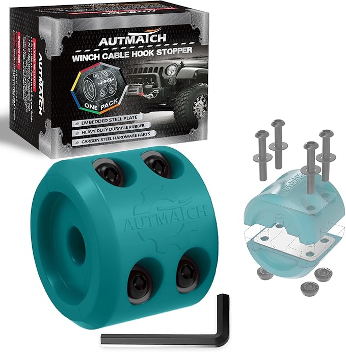 AUTMATCH Winch Cable Hook Stopper (1 Pack), Silicone Rubber Winch Stopper for Wire & Synthetic Rope, Winch Line ATV UTV, Shock Absorbent, Prevent Pulling Bounce and Abrasion, Teal