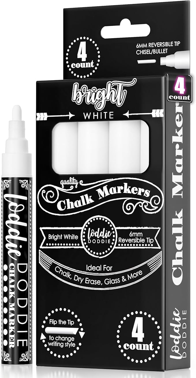 Loddie Doddie Liquid Chalk Markers - Pack of 4, 6 mm Tip, White - Chalk Pens for Blackboard & Glass Surfaces - Erasable Window & Mirror Markers