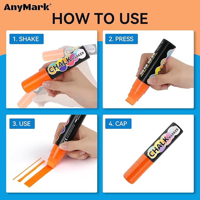 AnyMark 8 Colors Window Chalk Markers, 15mm 3-In-1 Jumbo Wide Nib Chalk Marker, Dust-Free & Non-Toxic, Erasable Chalk Markers for Blackboards, Rock Painting, Poster, Stone, Ceramic, Glass