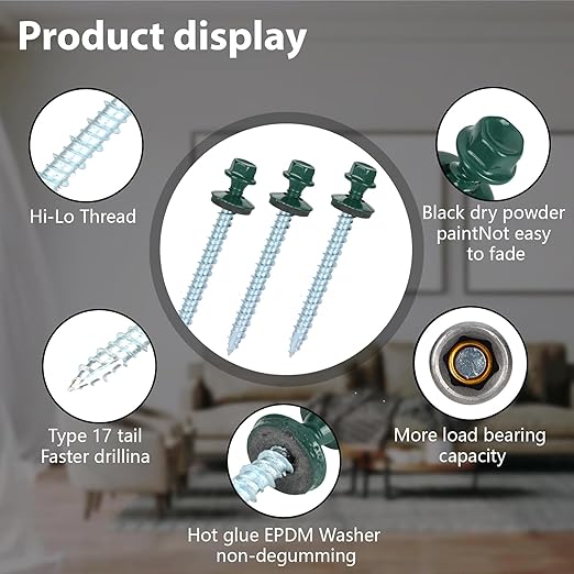 Metal Roofing Screws 10 x 2 inch, Green Hex Head Sheet Metal Roof Screw with EPDM Washer for Corrugated Roofing (250Pcs)