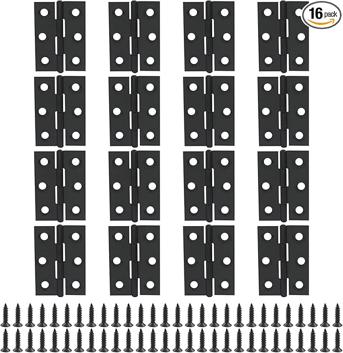 BokWin 16 Pack 2 Inch Small Door Hinges Butt Folding Hinges Stainless Steel Black with 96 Pieces Screws for DIY Wooden Boxes, Furniture, Woodworking Craft Projects