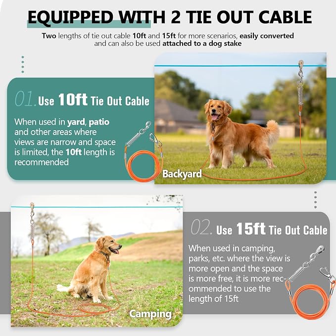 Professional Dog Runner Trolley System，Heavy Duty & Adjustable 30ft Dog Zip Line with 10ft & 15ft Tie Out for Large Dogs Up to 250lbs, Chew Proof Run Cable for Yard, Camping & Outdoor Adventure