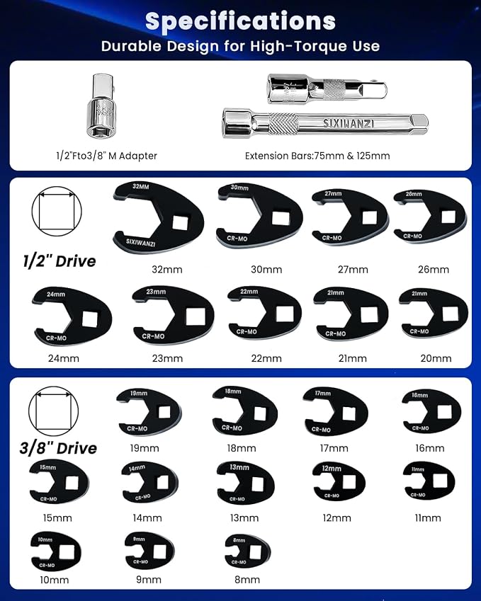 SIXIWANZI Crowfoot Wrench Set, 24pc Flare Nut 8-32mm 3/8" 1/2" Drive | 8-32mm CR-MO steel, black phosphate coated, ratchet torque ready, 2 bars adapter organizer case for auto repair