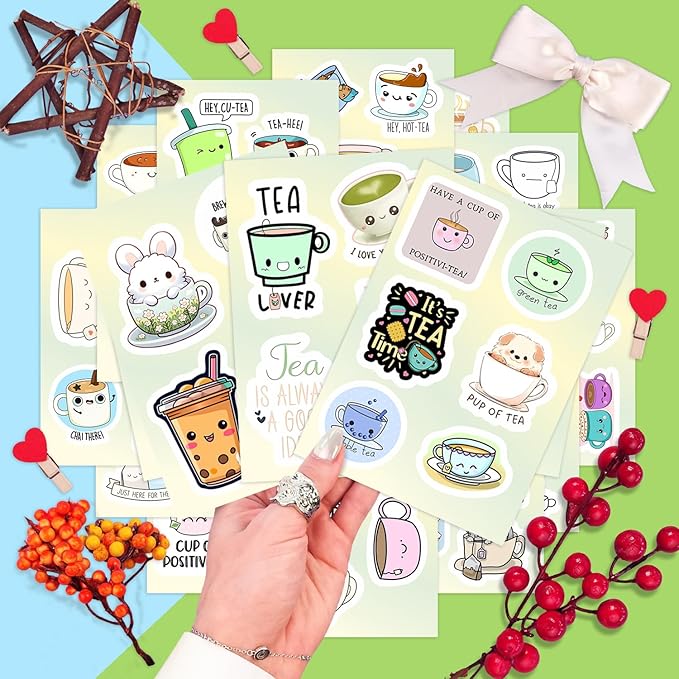BulbaCraft Cute Tea Cup Stickers, Tea Stickers for Water Bottle and Laptop - Tea Cup Party Supplies & Decorations, Waterproof Vinyl Drink Decals, Gifts for Women & Men