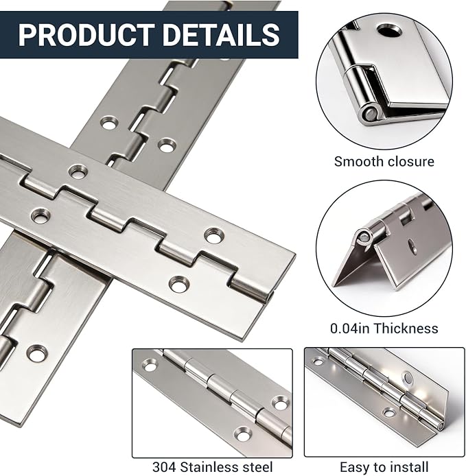 2Pcs Piano Hinge, 12 Inch Stainless Steel Hinges with Holes and Stainless Steel Screws, Piano Heavy Duty Hinges, Suitable for Cabinets, DIY Storage Boxes, and Marine Scenarios