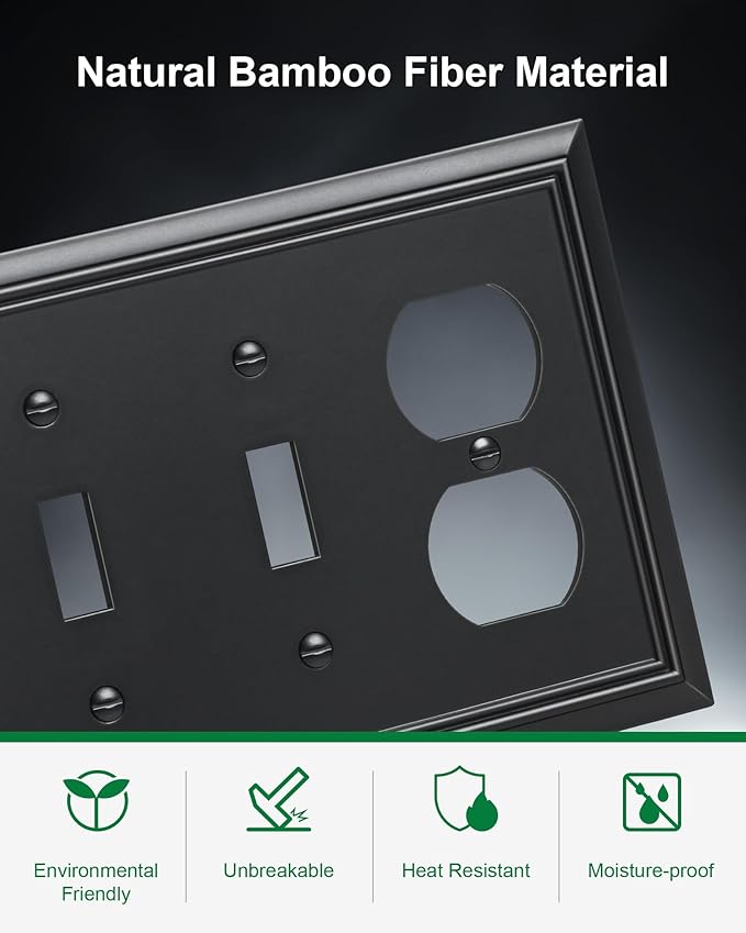 2-Pack Combo Double Toggle/Duplex Outlet Covers, Black Switch Plates and Outlet Covers, Natural Bamboo Fiber Wall Plates for Electrical Outlets, 3 Gang Receptacle Cover, Corrosion Resistant
