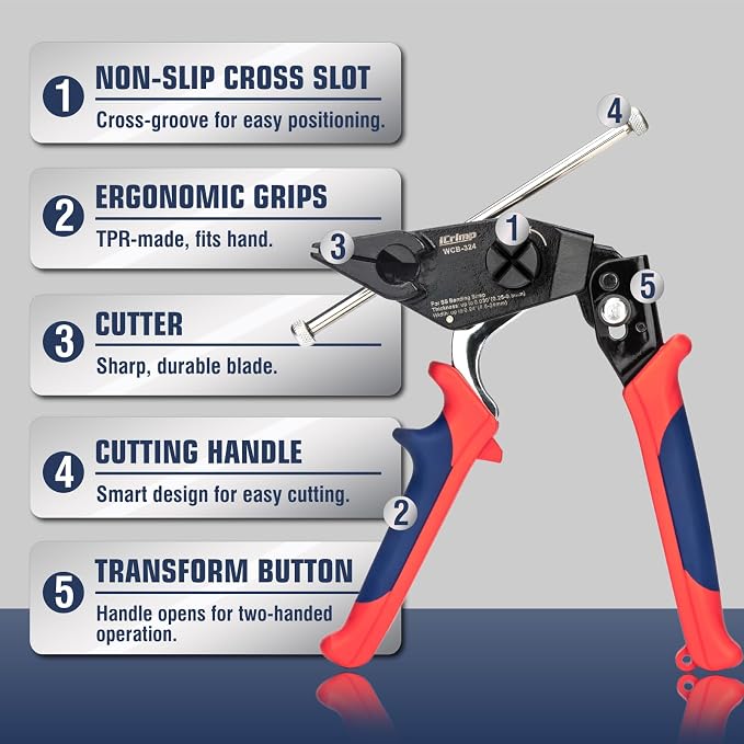iCrimp Steel Strapping Banding Tool, Metal Tensioner Built-In Cutter | for 0.18" to 0.94" Width Stainless Steel Tie, Suitable for Cable Grips, Automotive Wire Harness, Utility Poles, WCB-324