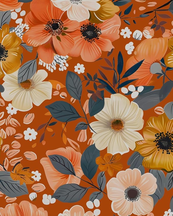 BOKEBEVE Floral Wallpaper Peel and Stick Boho Vintage Orange 17.5 x 393.5In | Extra Long Removable Renter Friendly Vintage Floral Wall Paper for Bedroom Bathroom Cabinet Drawer Feature Accent Wall