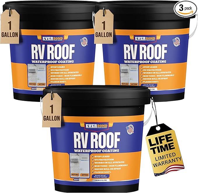 Everbond RV Roof Coating, Solar Reflective RV Roof Sealant, Waterproofing for Campers, Trailers, RVs, White, 3 Gallons