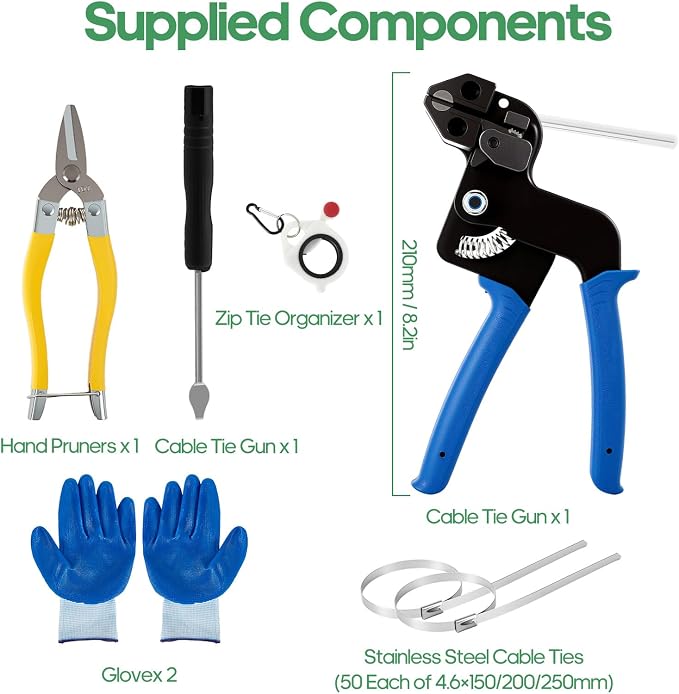 Stainless Steel Cable Tie Gun Kit with 150Pcs Metal Zip Ties, Heavy Duty Zip Tie Tool with Auto Cut Off Cutter, Tensioning Tool for Exhaust Wrap, Automotive, Electrical, Marine & Industrial Use