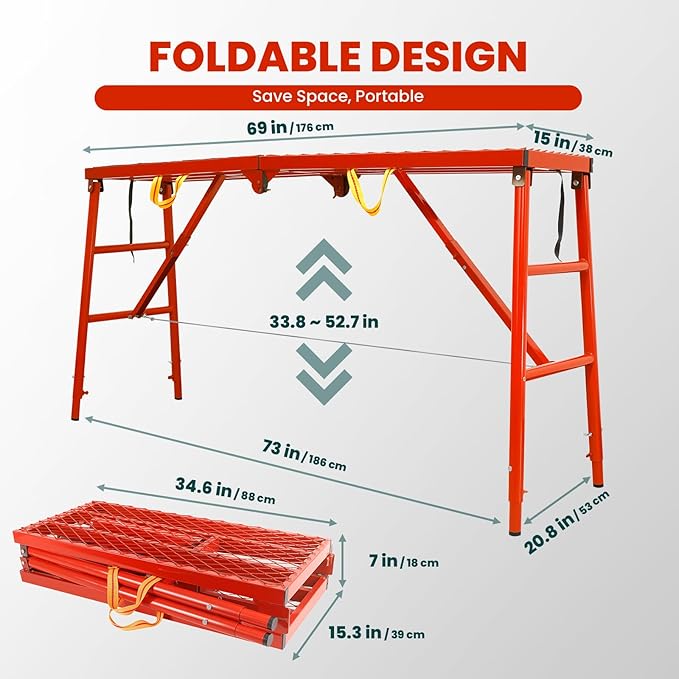 Adjustable Work Platform Ladder for Stairs - 1000 LBS Heavy Duty Folding Scaffold with 5 Height Settings (27"-57") for Professional Painting & Construction, Tool-Free Setup, Anti-Slip Surface