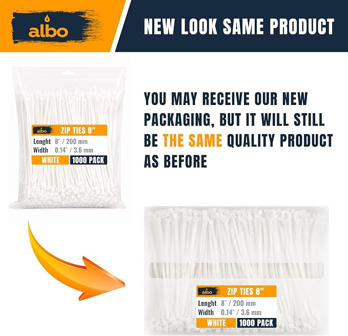 ALBO Zip Ties White 8 Inch 1000 Pack 40 lb, Long Plastic Cable Ties Thick 0.14 Inch Tie Wraps Heavy Duty UV Resistant Nylon Wire Ties for Indoor and Outdoor