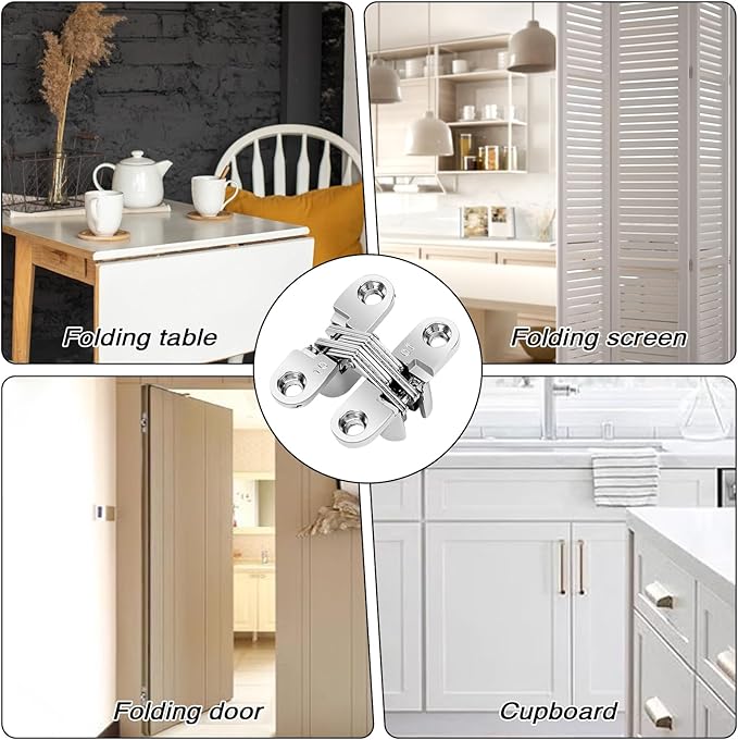 4 Pack Stainless Steel 180 Degree Hidden Hinges for Doors & Cabinets - Invisible Cross & Swing Hinges