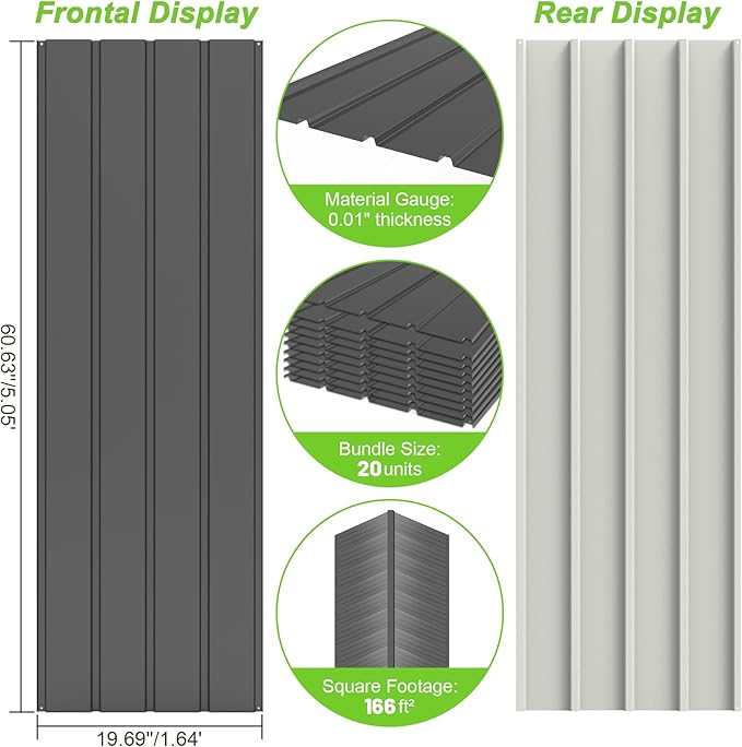 20PCS Metal Roofing Panels, Corrugated Galvanized Roof Panels, Waterproof Metal Siding Panels with 120 Pcs Steel Screws for Pergola, Gazebo, Shed, Garages, Stables and Mobile Homes (Grey)