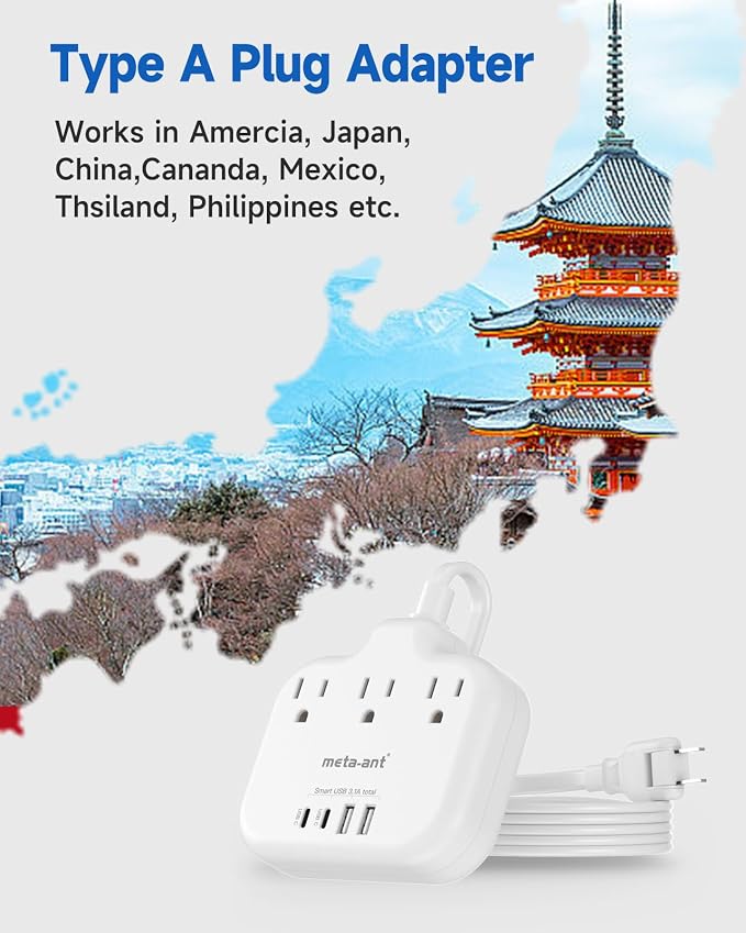 US to Japan Adapter, meta-ant 2 Prong to 3 Prong Outlet Adapter with 3 Outlets & 4 USB(2 USB-C), 5FT Extension Cord, 180 Rotating Flat Plug 1875W, Type A Plug Adapter for USA to Japanese China Canada