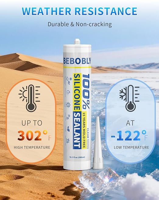 Silicone Caulk & Sealant Clear, 100% Waterproof Silicone Sealant, Shrink & Crack Proof, Silicone Sealant Caulking for Kitchen, Bathroom, RV, Interior & Exterior Use, 10.2 FL. OZ/300ML, 12 Pack
