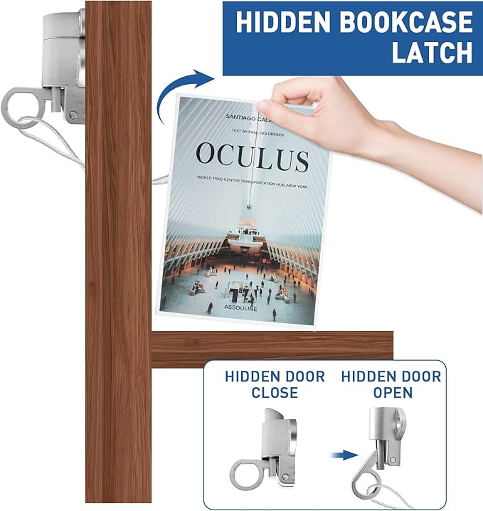 TamBee Hidden Bookcase Hinges Pivot Door Hinge with Lock Hidden Door Hinges for Secret Door 304 Stainless Steel with Spring Latch Lock and Cable