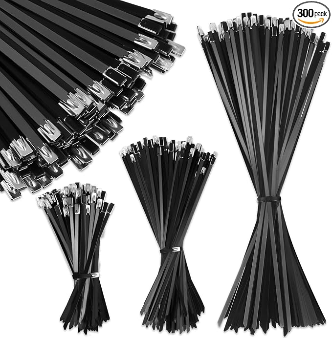 Pelopy 300 Pcs 6", 10", 14" Metal Zip Ties Black 304 Stainless Steel Zip Ties Epoxy Coated Tie Heavy Duty Cable Self Locking Cable Multi Purpose for Machinery Vehicles Exhaust Wrap Outdoor Fence Farms