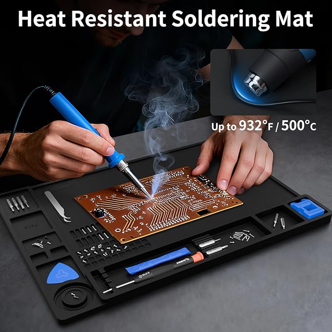 STREBITO Soldering Mat Silicone Work Mat, Heat Resistant 932°F, Magnetic Mat for Screws and Tools, Solder Mat Electronics Mat for Watch, Phone, Tablet, Eyeglass, Knife, Size 13.8" x 9.9" (Black)