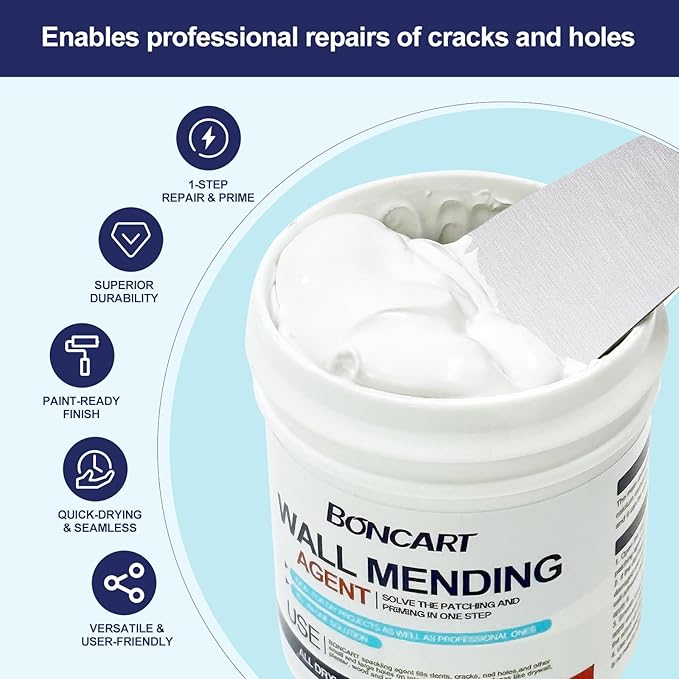 BONCART 8.6oz Drywall Patch Repair Kit - Professional All-in-1 Tool Set (Scrapers/Sandpaper/Texture Sponge/Gloves/ Aluminum Patches) for Fast Wall Hole Repair
