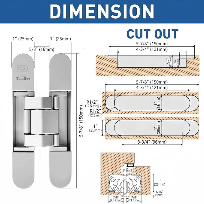 TamBee Invisible Hinge Hidden Door Hinges - Silver, Zinc Alloy, Concealed, 3 Way Adjustable for Hidden Door, Bookcase Door and Secret Doors 6 Inch (1 Hinge)