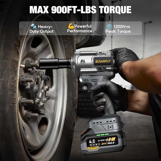 Cordless Impact Wrench 1/2", 900 Ft-Lbs(1200N.m), 2x4.0Ah Batteries | 21V Brushless High Torque Impact Gun, 3-Speed Control, 5 Sockets for Car Tires, Trucks, Stubborn Lug Nuts, Heavy-Duty Repairs