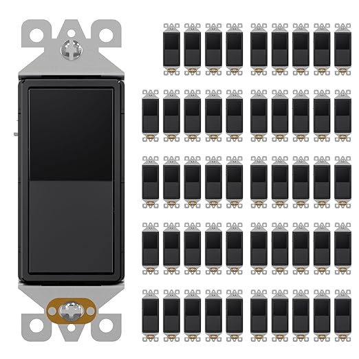 AIDA Single Pole Rocker Decorator Light Switch, 15 Amp Self-grounding Electrical Light Switches, Residential Grade, UL Listed (50, Glossy Black, Without Wall Plate)