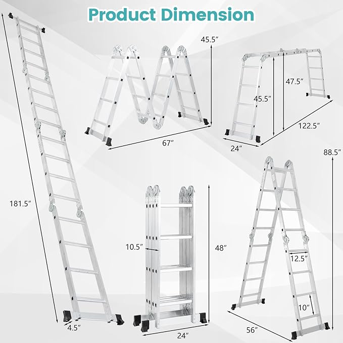 7-in-1 Folding Ladder, Multi-Purpose 15 FT Aluminum Alloy Ladder with Non-Slip Feet, Safety Locking & Heavy Duty Frame, Indoor & Outdoor Lightweight Extension Ladder, 330 LBS Capacity