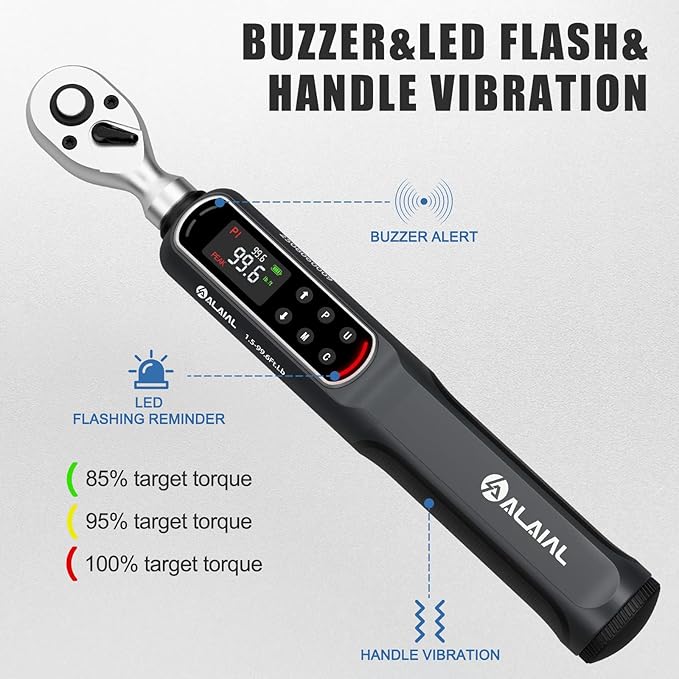 Digital Torque Wrench 3/8 Drive, 1.5-99.6 ft-lb ±2% Accuracy | LED Display, Buzzer&Vibration Alert, 2 Modes, 10 Presets&500 Data Logs, for Lug Nuts, Automotive, Motorcycle Repair