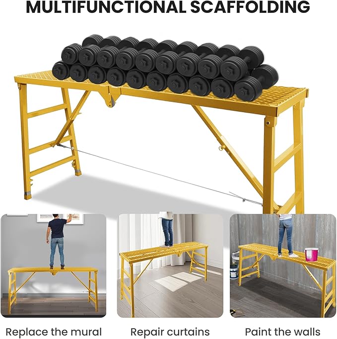 Foldable Scaffolding Platform, 70.8x15.2x36.2-62 Inch Portable Work Platform, 770 Lbs Capacity, Adjustable Height Industrial Step Ladders, Ideal for Painting, Wiring and Home Decor, Yellow