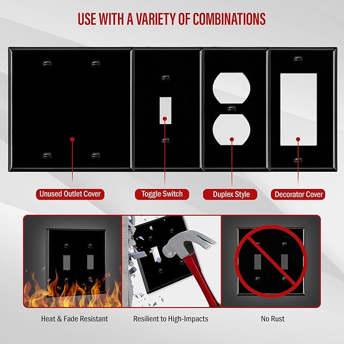 ENERLITES Double Toggle Light Switch Metal Cover Plate, Wall Plate, Corrosion Resistant, Standard Size 2-Gang 4.50" x 4.57", Powder Coated Stamped Steel, 7712-BG, Black Gloss (Pack of 1)