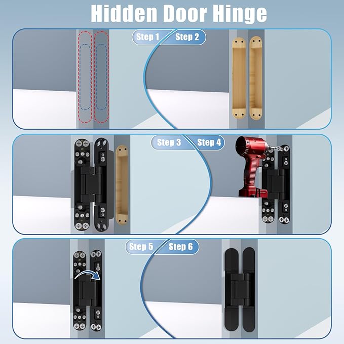 Hidden Door Hinge, 2 Pcs, Rotating Silent Design - Concealed Invisible Hinges Perfect for Invisible, Secret & Bookcase Doors, Ideal for DIY Carpenter, 3-Way Adjustable, Side Mount, 6in