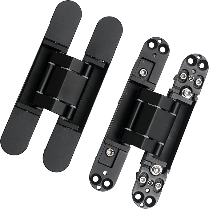 4-Pack 6 inch Hidden Door Hinges Heavy Duty Black, Invisible Concealed Hinges Zinc Alloy 6''x 2.5''x1Inch, Concealed Hinge 180 Degree Swing Hinge, 3 Way Adjustable with Pins and Screws