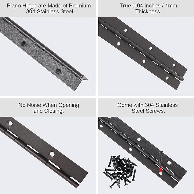 2PCS Heavy Duty Piano Hinge,8-Inch 304 Black Continuous & Piano Hinges,0.05" Thickness,1.2" Open Width, Ideal for Folding Cabinet Doors, Black Stainless Furniture Hinges Includes 16pcs Screws