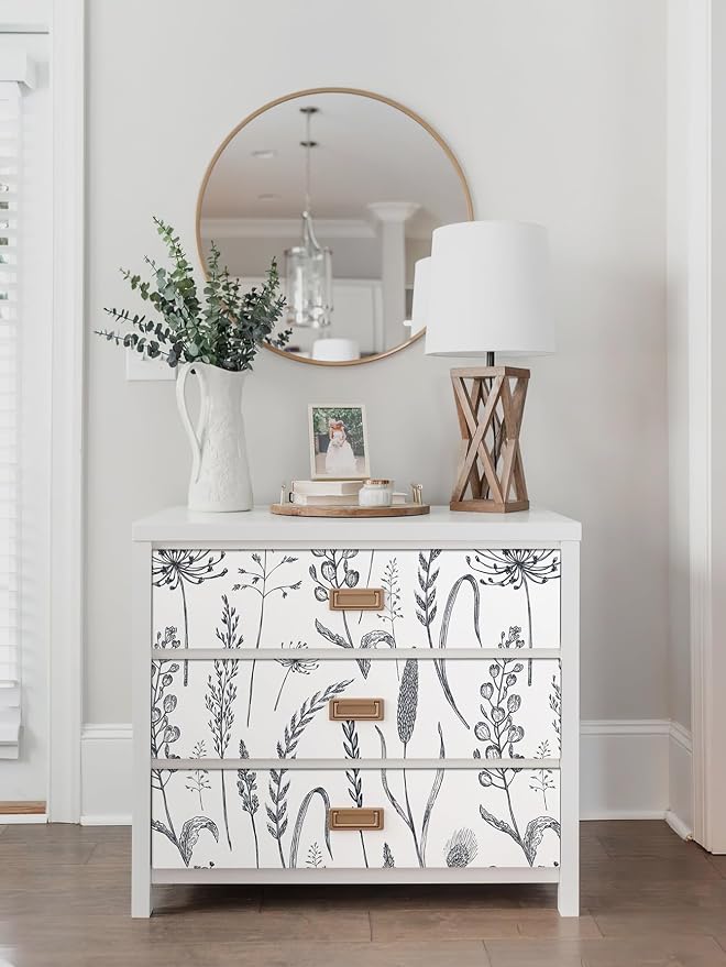 JiffDiff Peel and Stick Wallpaper Farmhouse Vintage Floral Contact Paper Wheat Meadow Removable Self Adhesive Wallpaper Black and White (56 sq.ft)