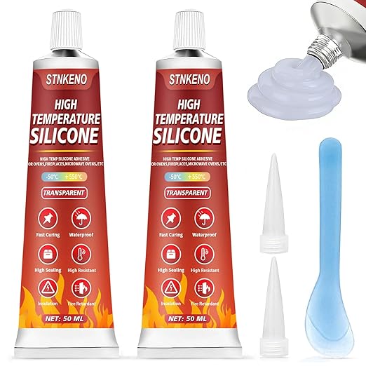 High Temp Silicone Sealant, High Temperature Adhesive, Heat Resistant Glue, Insulation and Waterproof Quick Drying Silicone Adhesive for Ovens Fireplace Microwave, Transparent, 2 Pack, 3.53 OZ