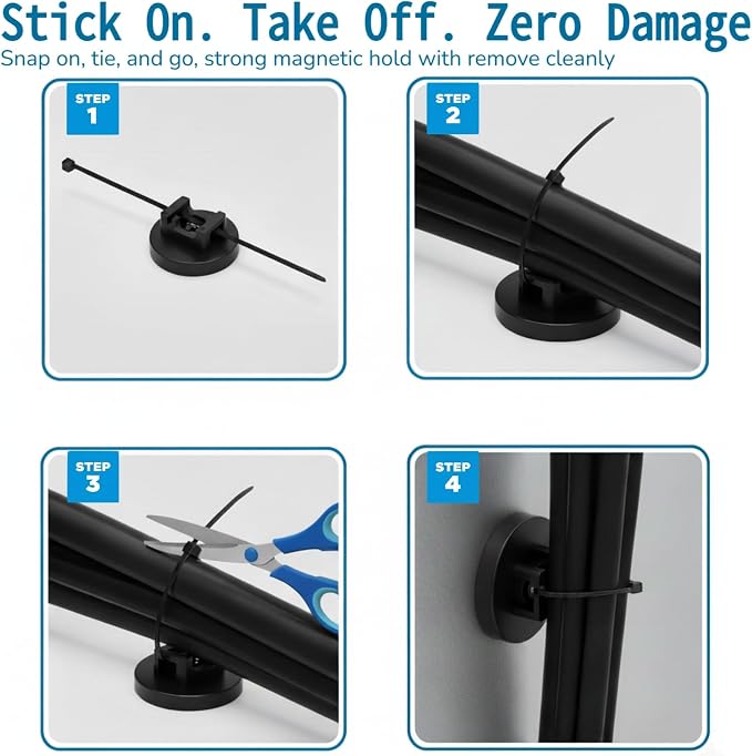 225-Pc Magnetic Cable Ties Set,Magnetic Zip Tie Mounts & Cable Ties | Magnetic Wire Holder, 25 Magnetic Cable Holders & 200 Zip Ties, Magnet Cable Tie Mounts for Cables, Wires, Cords, Hoses-43 mm