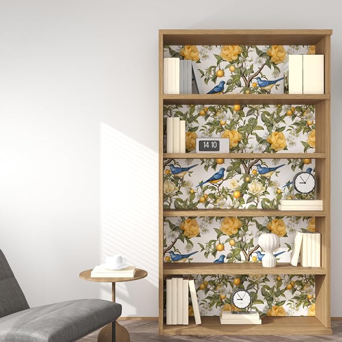 Danodoi Yellow Vintage Lemon Bird Peel and Stick Wallpaper 17.5" x 393" | Waterproof Vinyl Self Adhesive Removable Renter Friendly Floral Contact Paper