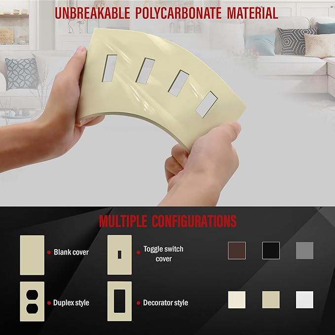 ENERLITES Screwless Quadruple Toggle Switch Wall Plate, Child Safe Light Switch Cover, Standard Size 4-Gang 4.68" x 8.38", Unbreakable Polycarbonate Thermoplastic, UL Listed, SI8814-I, Glossy, Ivory